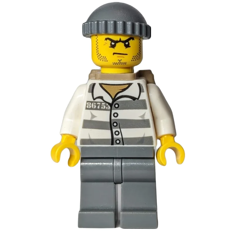 Criminal, Prison Shirt with #86753, Dark Bluish Gray Legs, Dark Bluish Gray Hat, Dark Tan Backpack