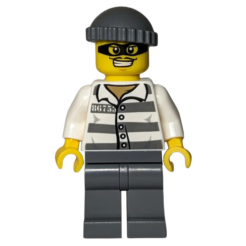 Criminal, Prison Shirt with #86753, Dark Bluish Gray Legs, Dark Bluish Gray Hat, Black Eyemask