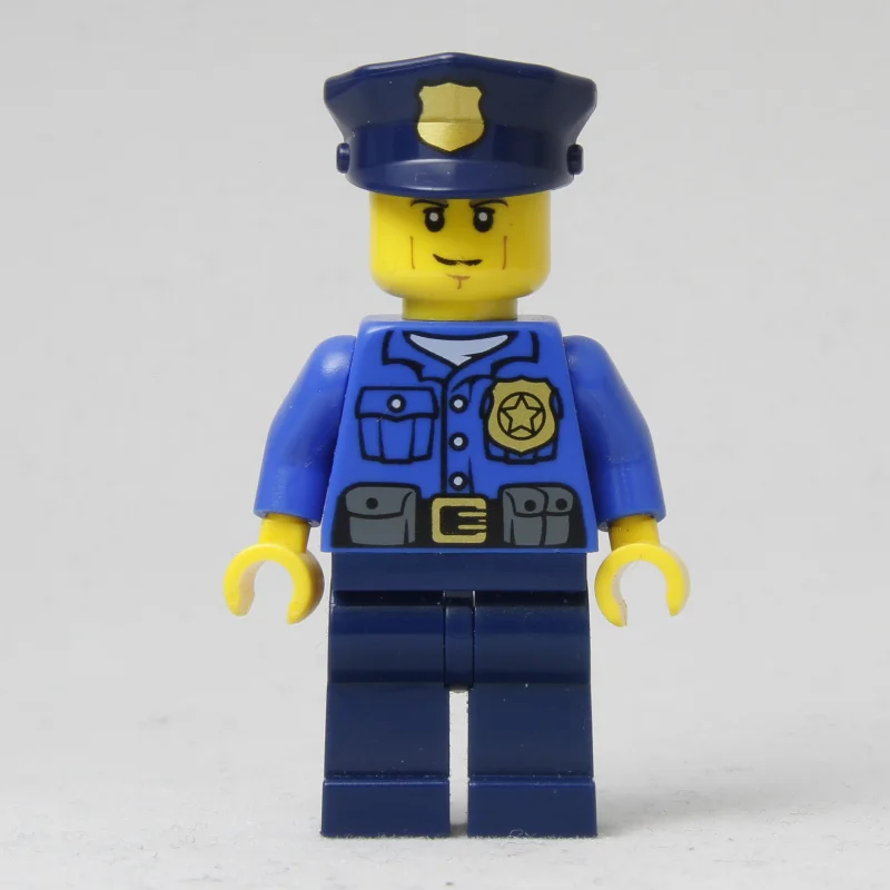 Policeman, Blue Shirt with Badge and Pouches, Dark Blue Legs, Dark Blue Police Hat with Badge, Cheek Lines