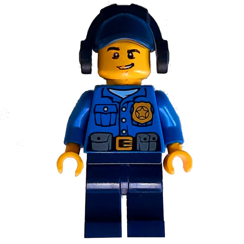Policeman, Blue Shirt with Badge and Pouches, Dark Blue Legs, Dark Blue Cap with Ear Defenders