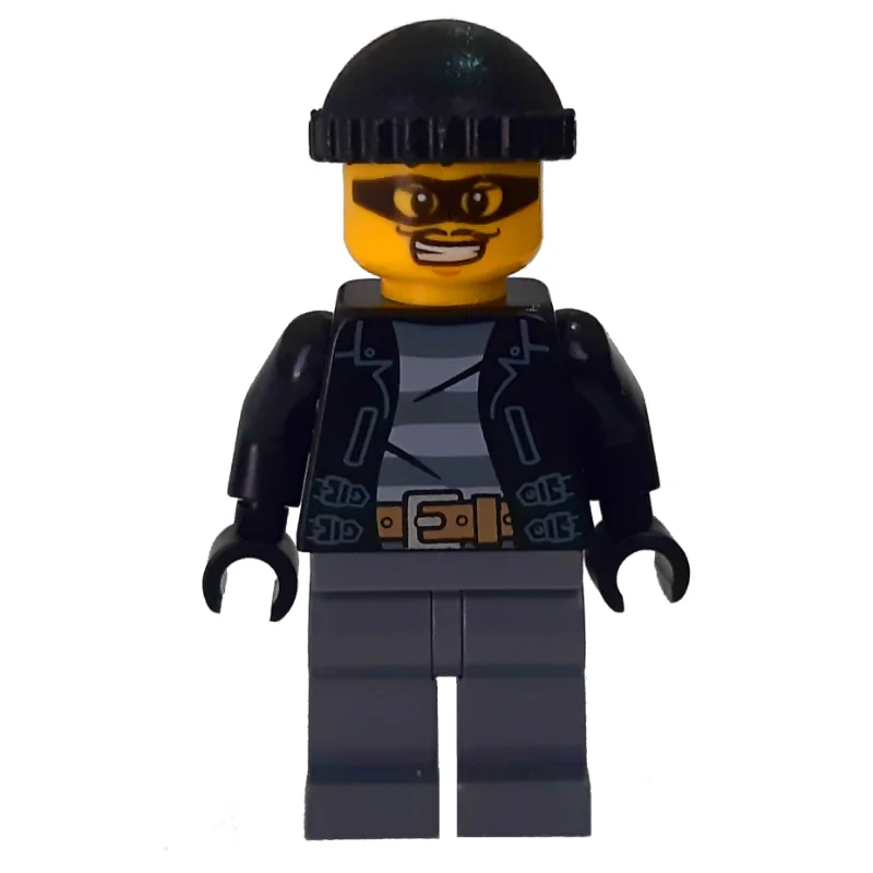 Criminal, Open Black Jacket over Prison Shirt, Dark Bluish Grey Legs, Black Hat, Black Eyemask