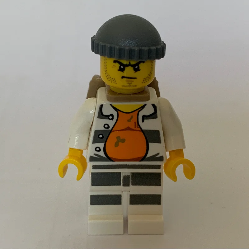 Criminal, Open Prison Shirt #18675 over Orange Top, Dark Bluish Gray Hat, Dark Tan Backpack, Stubble