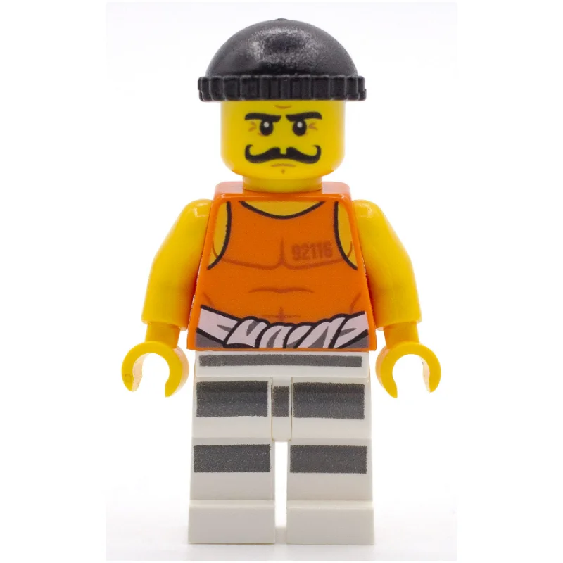 Criminal Simon Sin, Orange Vest with #92116 and Waist Tied Prison Shirt, Black Hat, Moustache