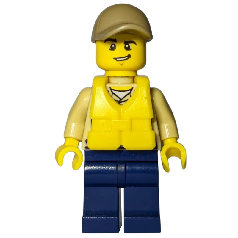 Swamp Police / Ranger, Tan Shirt with Badge and Radio, Dark Blue Legs, Dark Tan Cap, Yellow Life Vest