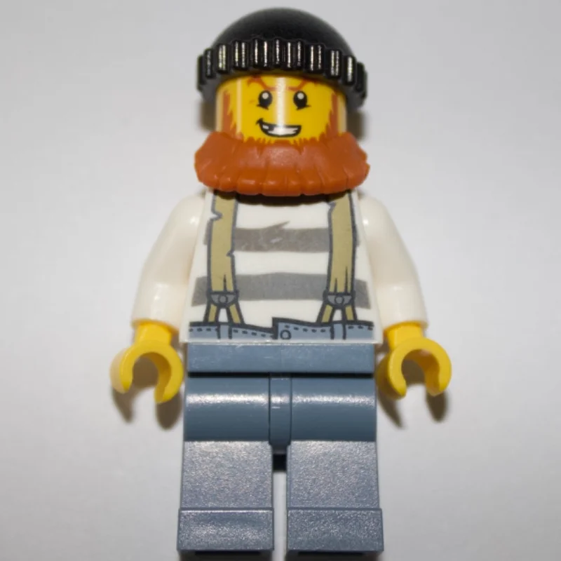 Criminal, Prison Shirt with Suspenders, Black Hat, Dark Orange Beard