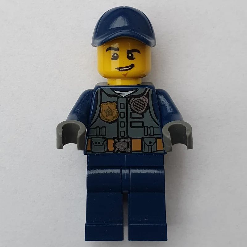 Policeman, Dark Bluish Gray Vest with Radio, Badge and Pouches over Dark Blue Shirt, Dark Blue Cap
