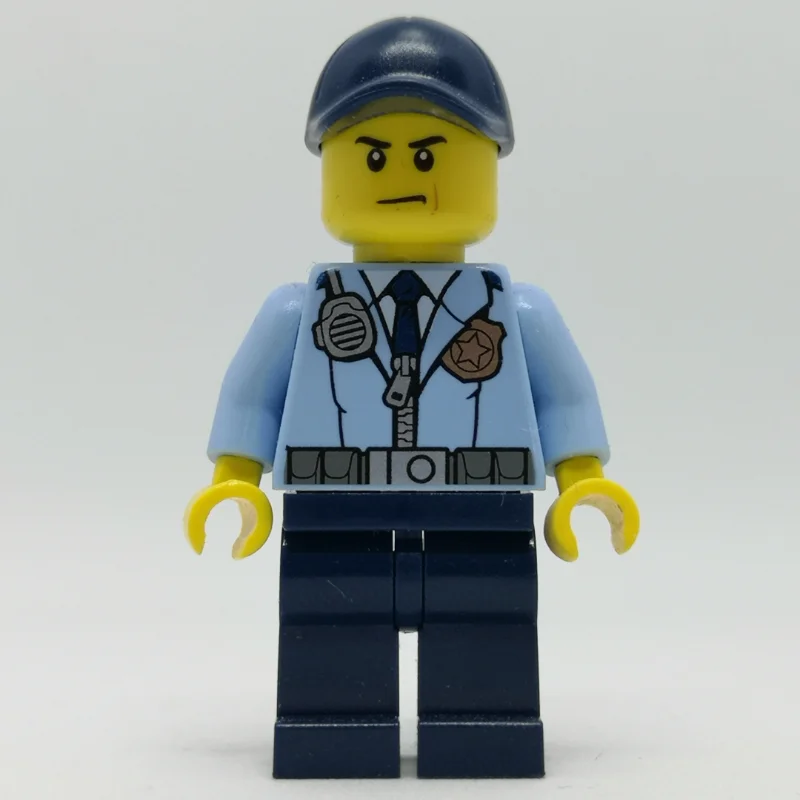 Policeman, Bright Light Blue Jacket with Zipper, Radio, Badge, and Tie, Dark Blue Legs, Dark Blue Cap