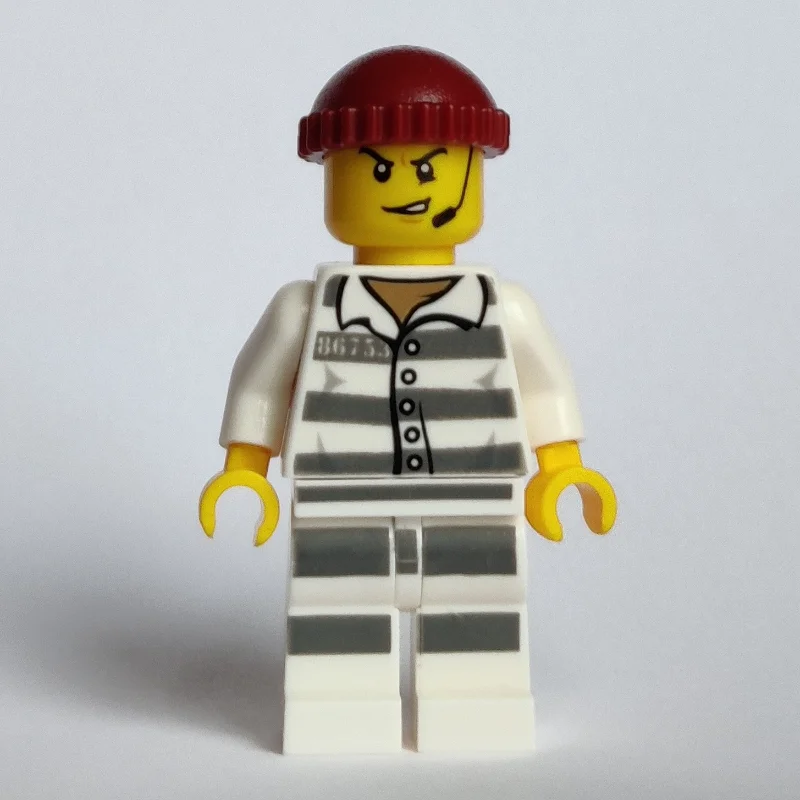 Criminal, Prison Shirt with #86753, Dark Red Hat, Headset