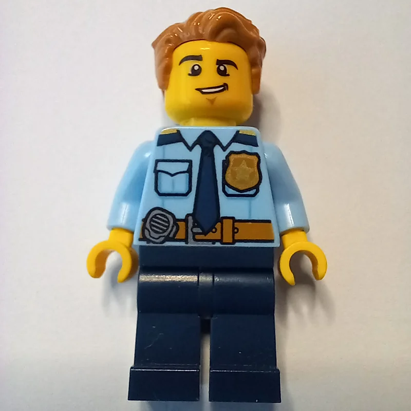 Policeman, Bright Light Blue Shirt with Dark Blue Tie, Badge, and Radio on Belt, Medium Nougat Hair