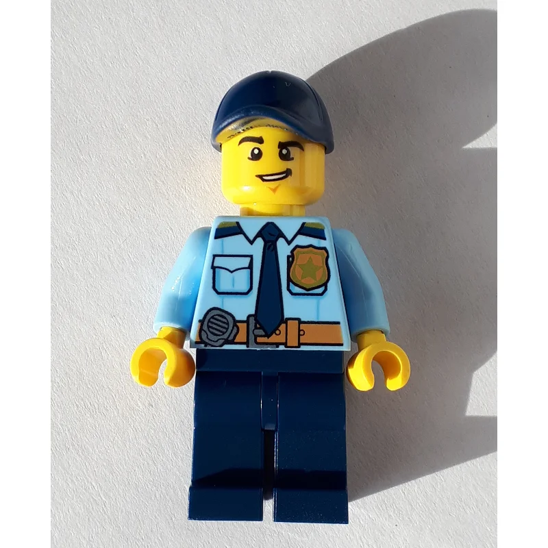 Policeman, Bright Light Blue Shirt with Dark Blue Tie, Badge, and Radio on Belt, Dark Blue Cap, Open Mouth