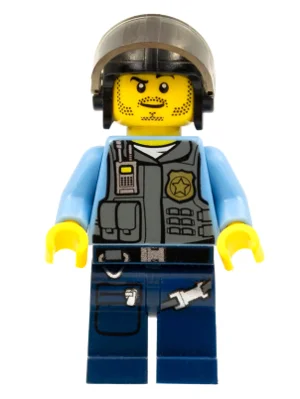 Policeman, Dark Bluish Gray Vest with Radio, Badge and Pouches over Medium Blue Shirt, Black Helmet with Visor, Stubble