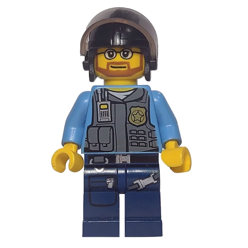 Policeman, Dark Bluish Gray Vest with Radio, Badge and Pouches over Medium Blue Shirt, Black Helmet with Visor, Beard and Glasses