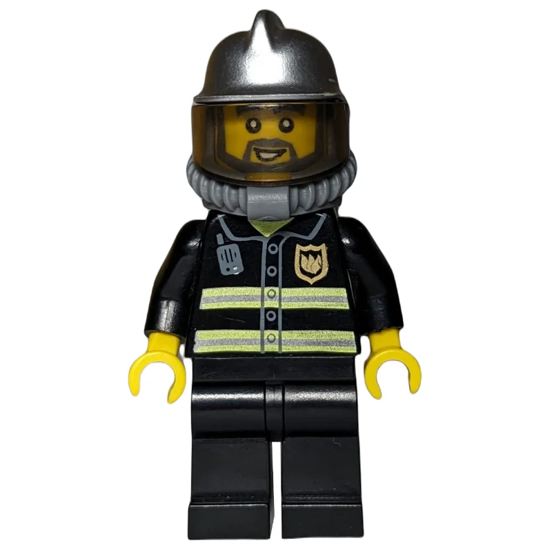 Fireman, Black Fire Jacket with Radio and Badge, Silver Helmet with Visor, Airtanks, Breathing Apparatus, Beard