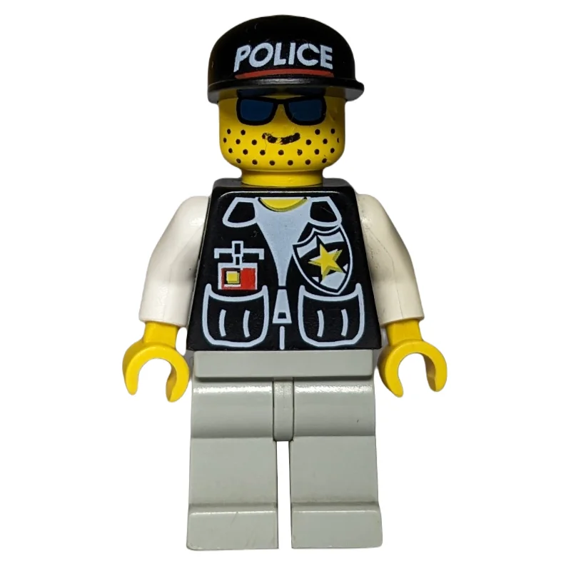 Policeman, Black Vest with Badge and Pockets, Light Gray Legs, Black Cap with 'POLICE', Blue Sunglasses