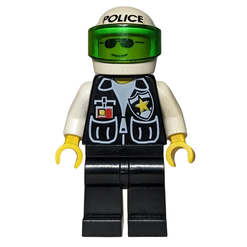 Policeman, Black Vest with Badge and Pockets, White Helmet with 'POLICE' and Trans-Green Visor, Sunglasses