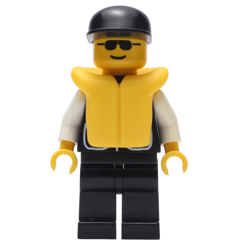 Policeman, Black Vest with Badge and Pockets, Black Cap, Yellow Life Vest, Sunglasses