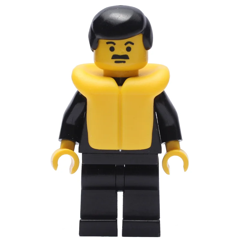 Policeman, Black Suit with Tie and Badge, Black Hair, Yellow Life Vest, Moustache