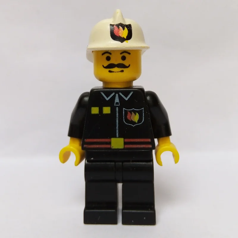 Fireman, Black Fire Jacket with Red Belt and Badge, White Helmet with Fire Logo, Moustache