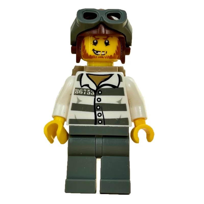 Criminal, Prison Shirt with #86753, Dark Bluish Gray Legs, Reddish Brown Helmet with Goggles, Dark Tan Backpack, Beard