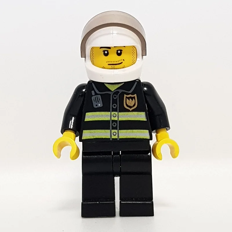 Fireman, Black Fire Jacket with Reflective Stripes, Radio, and Badge, White Helmet with Visor, Stubble