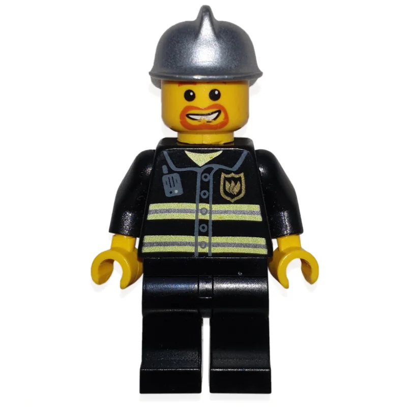 Fireman, Black Fire Jacket with Reflective Stripes, Radio, and Badge, Silver Helmet, Goatee Beard