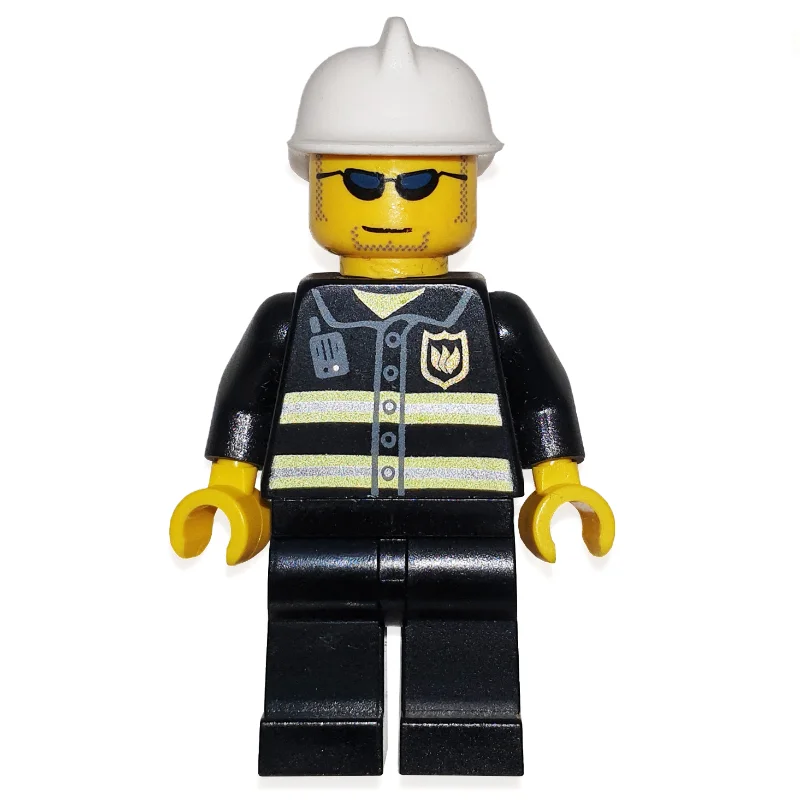Fireman, Black Fire Jacket with Reflective Stripes, Radio, and Badge, White Helmet, Sunglasses