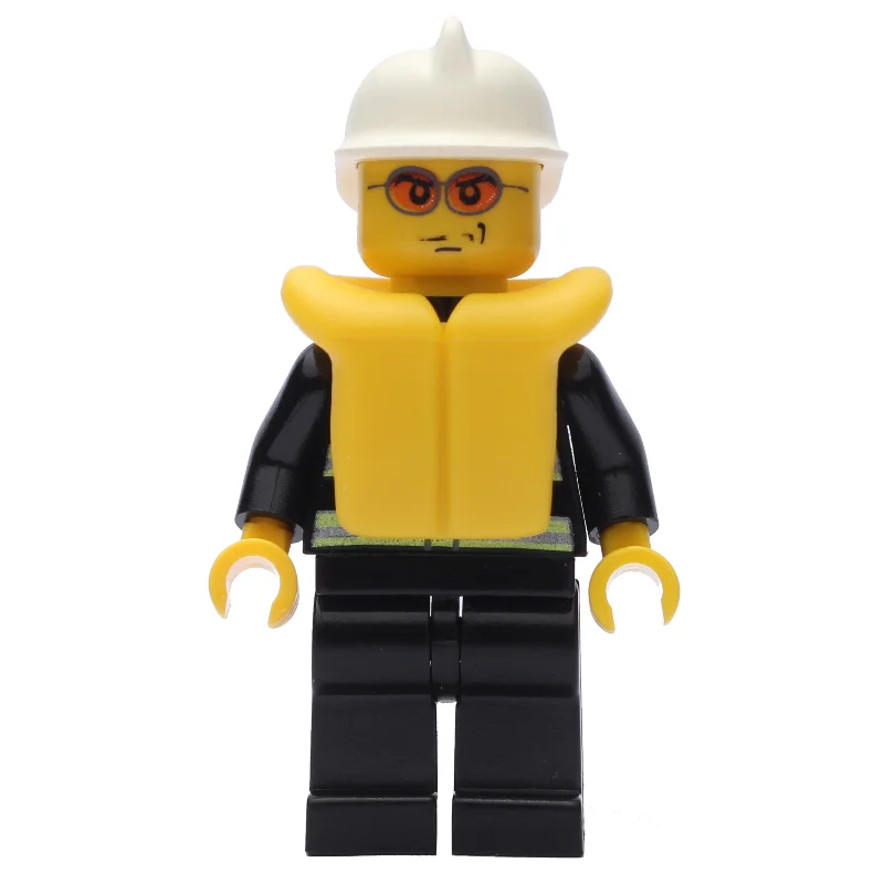 Fireman, Black Fire Jacket with Reflective Stripes, Radio, and Badge, White Helmet, Yellow Life Vest, Orange Sunglasses