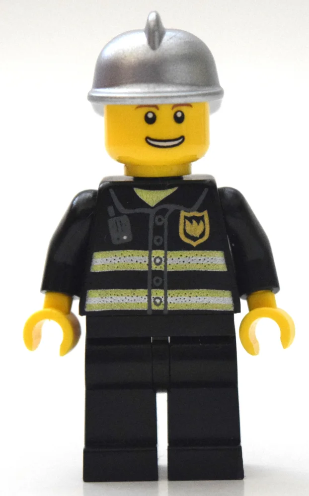 Fireman, Black Fire Jacket with Reflective Stripes, Radio, and Badge, Silver Helmet
