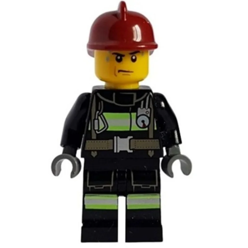 Fireman, Black Fire Suit with Gauge and Straps, Dark Red Helmet, Sweat Drops