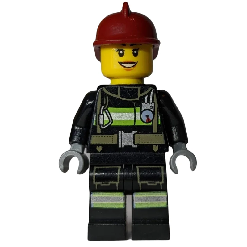 Firewoman, Black Fire Suit with Gauge and Straps, Dark Red Helmet