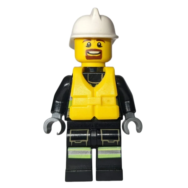 Fireman, Safety Vest with Flashlight, Pocket, and Belt, White Helmet, Yellow Life Vest, Goatee Beard