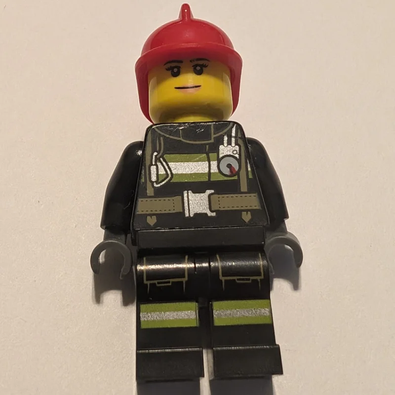 Firewoman, Black Fire Suit with Gauge and Straps, Red Helmet
