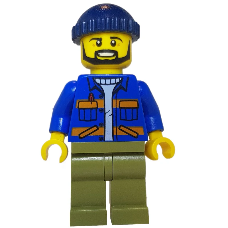 Worker, Blue Shirt with Orange Stripes and Pockets, Olive Green Legs, Dark Blue Hat, Beard