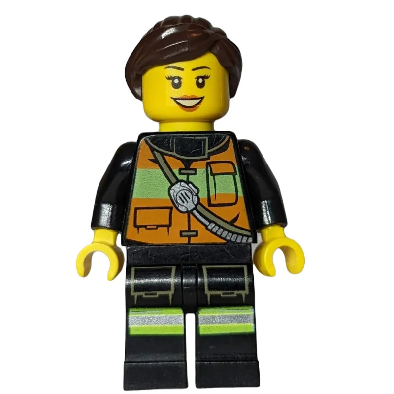 Firewoman, Orange Safety Vest with Radio, Dark Brown Hair