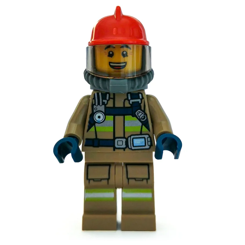 Fireman, Dark Tan Fire Suit with Gauge and Straps, Red Helmet, Breathing Apparatus, Airtanks, Open Mouth