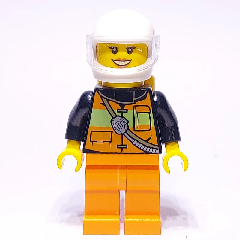 Firewoman, Orange Safety Vest with Radio, White Helmet with Visor, Airtanks
