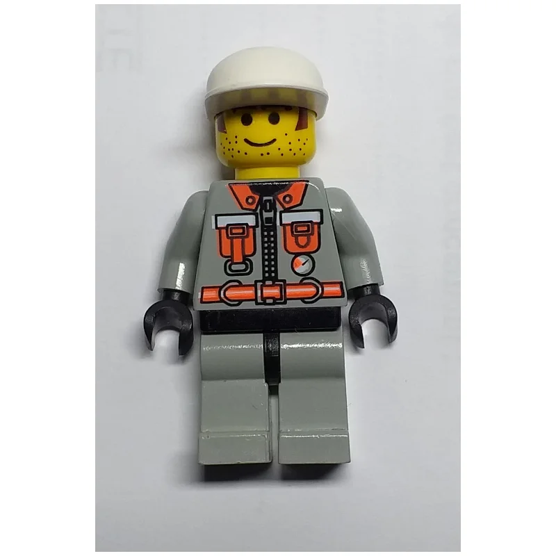 Fireman, Light Gray Fire Suit with Zipper, Gauge, and Pouches, White Cap, Printed Hair and Stubble