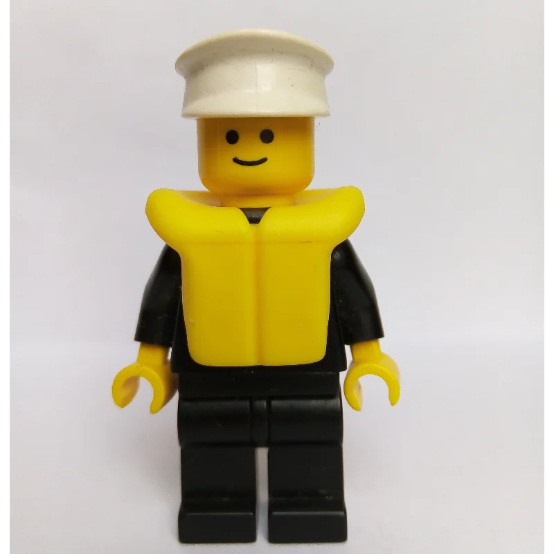 Policeman, Black Suit with Badge, White Hat, Yellow Life Vest