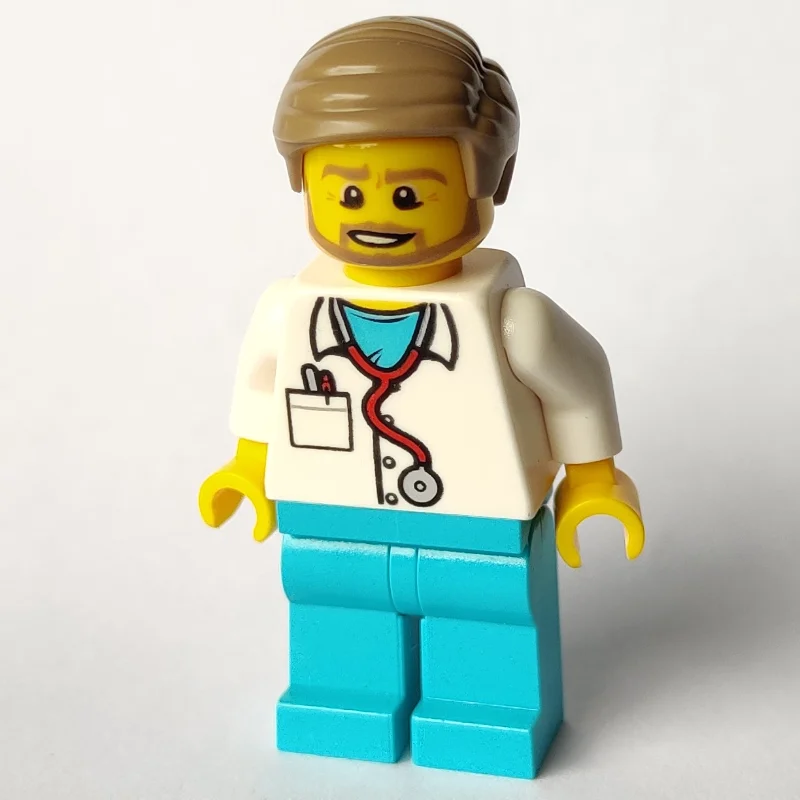 Doctor Tuck, White Shirt over Medium Azure Scrubs with Stethoscope and Pocket, Dark Tan Hair, Beard