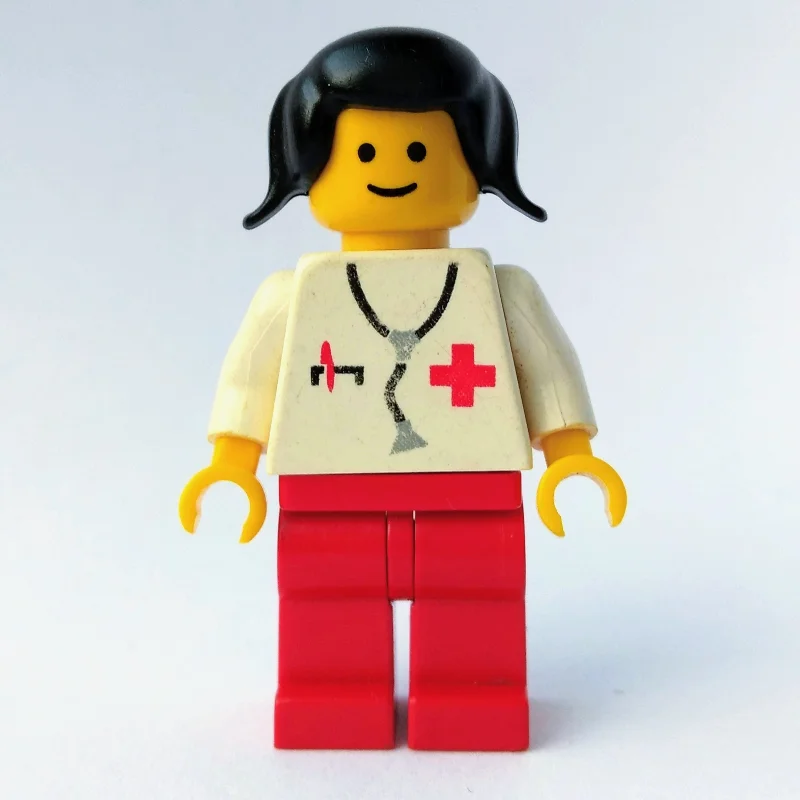 Doctor, Woman, White Torso with Stethoscope and Red Cross, Red Legs, Black Hair (3626a Head)