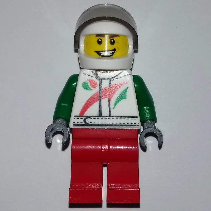 Racer, White and Green Jacket with Octan Logo, Red Legs, White Helmet with Trans-Brown Visor