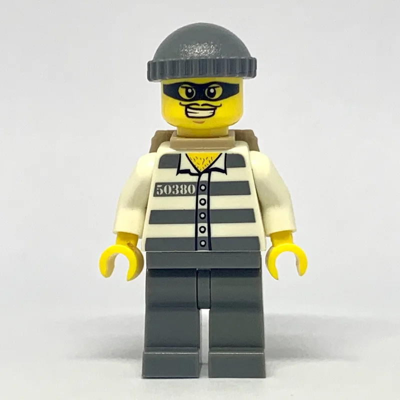 Criminal, Prison Shirt with #50380, Dark Bluish Gray Legs, Dark Bluish Gray Hat, Backpack, Black Eyemask
