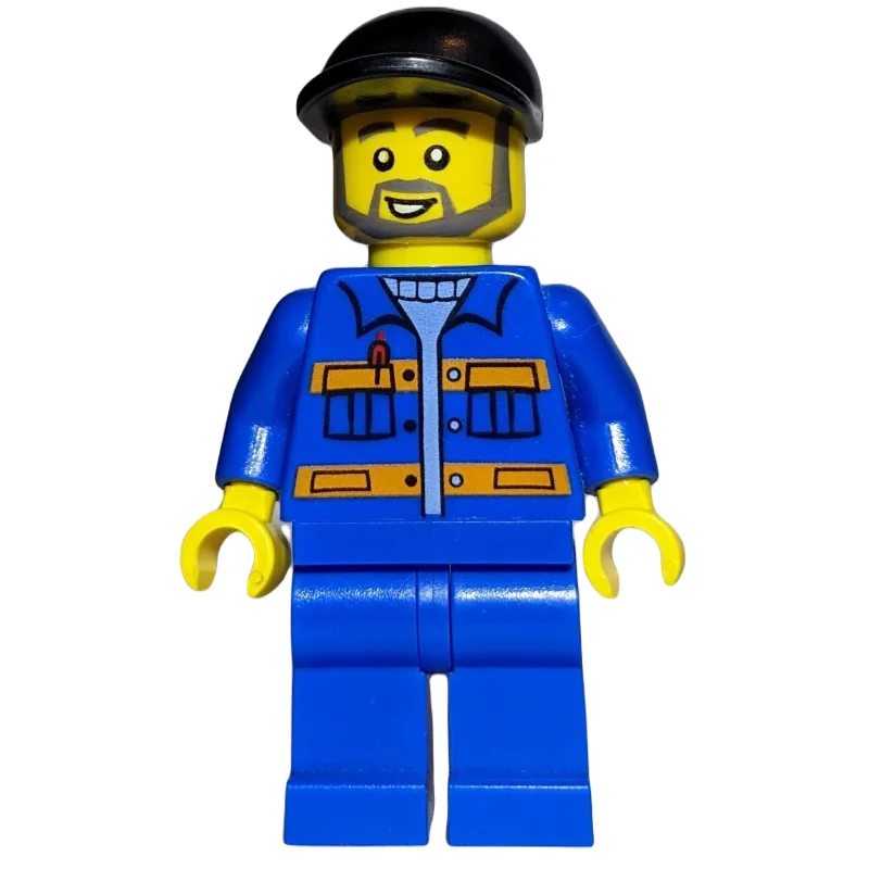 Construction Worker, Blue Jacket with Orange Stripes, Blue Legs, Black Cap, Beard