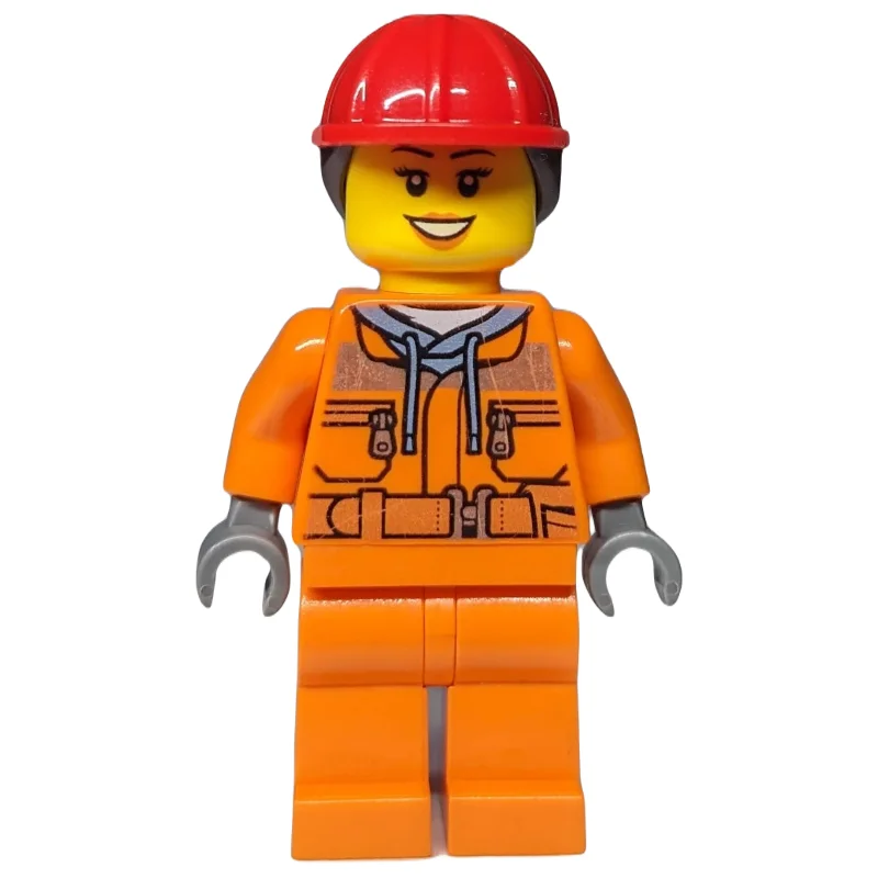 Construction Worker, Woman, Safety Jacket over Hoodie with Belt, Orange Legs, Red Hard Hat with Hair