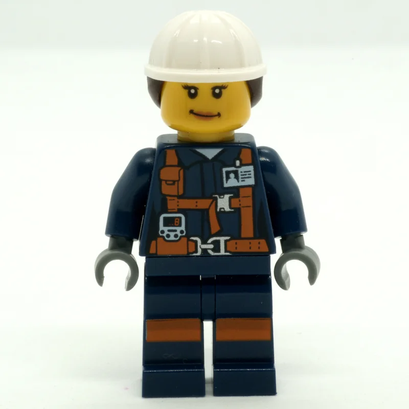 Miner, Woman, Dark Blue Jacket with Straps and ID Badge, White Hard Hat with Hair