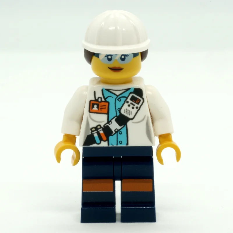 Miner, Woman, Open White Jacket with Shoulder Belt and ID Badge, White Hard Hat with Hair, Safety Glasses