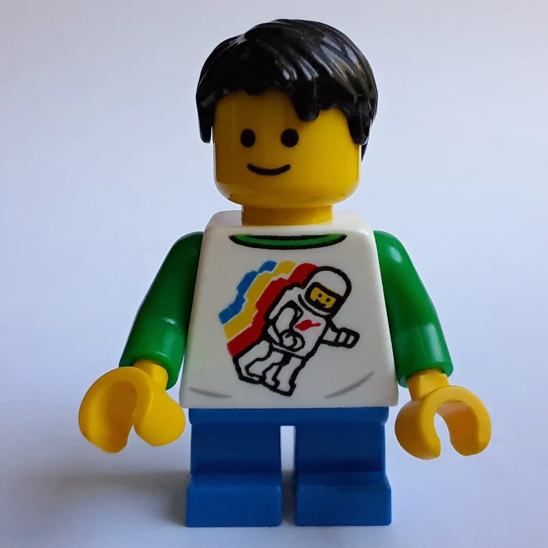 White Torso with Space Figure, Blue Legs, Black Hair