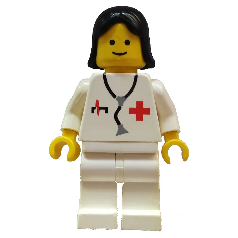 Doctor, Woman, White Jacket with Red Cross and Stethoscope, Black Hair (3626a Head)