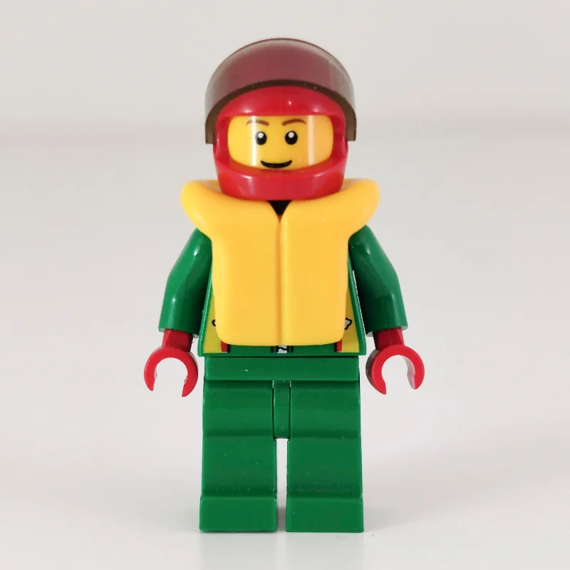 Racer, Green Jacket with Zipper and Octan Logo, Red Helmet with Visor, Yellow Life Vest