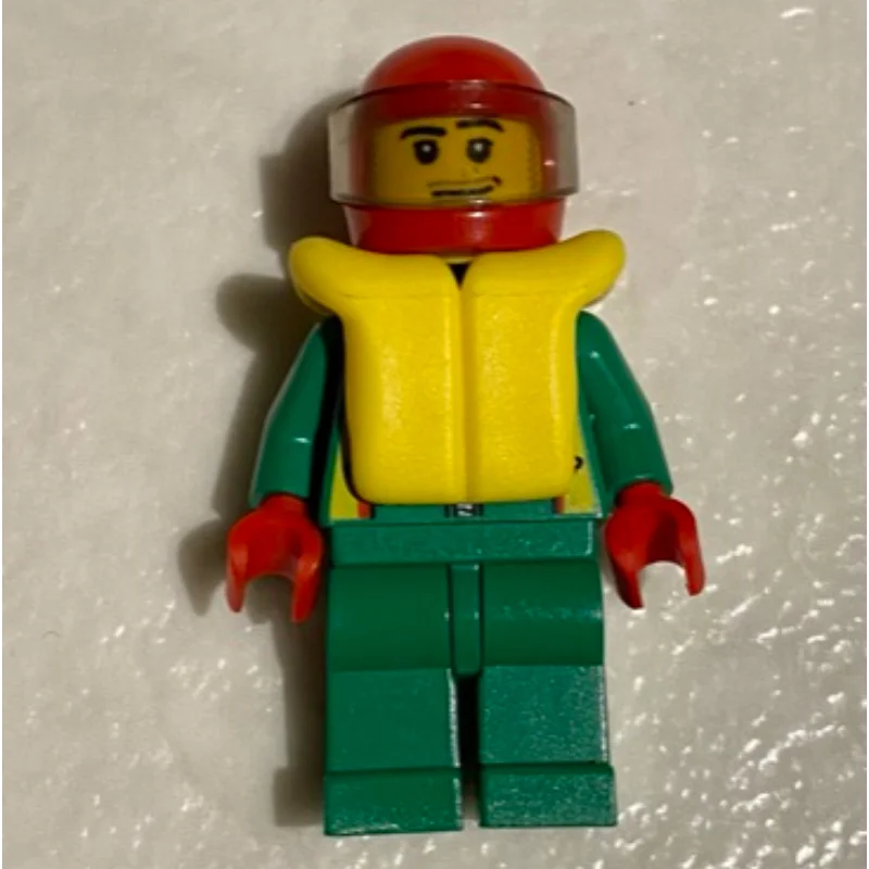 Racer, Green Jacket with Zipper and Octan Logo, Red Helmet with Visor, Yellow Life Vest, Stubble